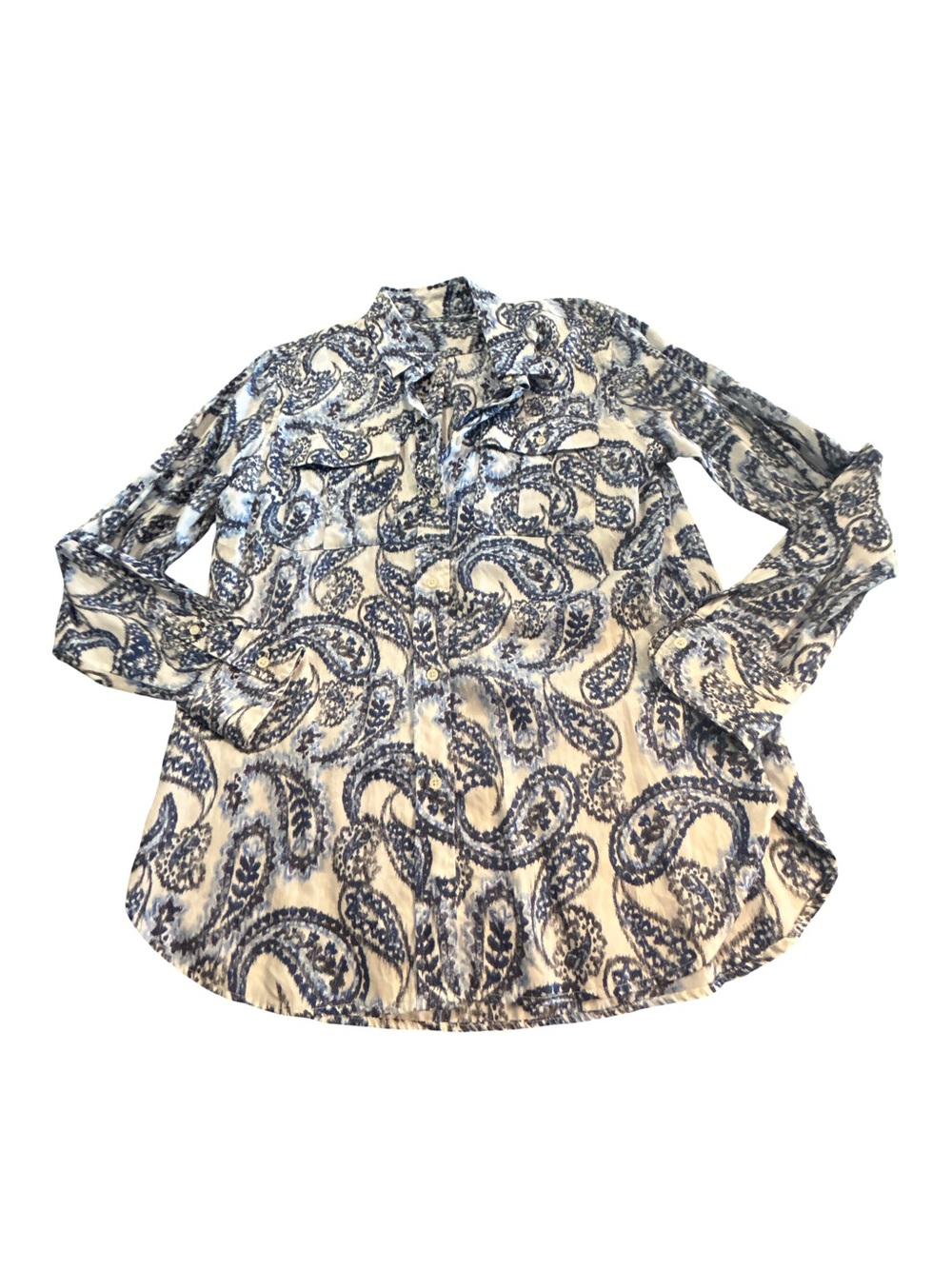 Lauren Ralph Lauren Lagenlook Blue White Paisley Button Down Shirt L Western